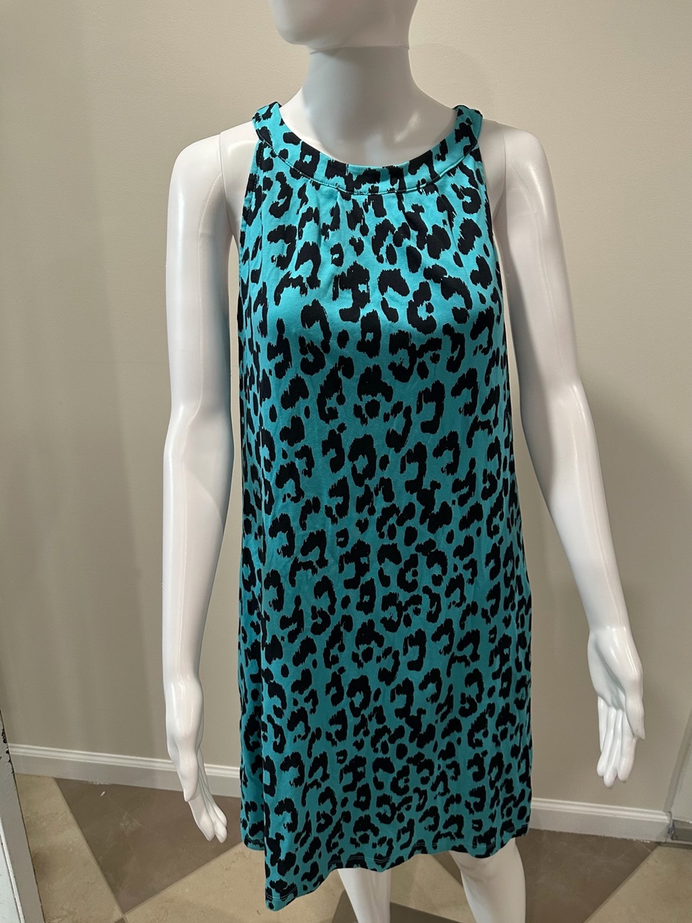 New York & Company Turquoise and Black Leopard Halter Shift Dress
